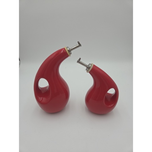 Rachael Ray Red Ceramic EVOO Oil and Vinegar Dispensing Bottles Set Of 2 - Picture 1 of 7